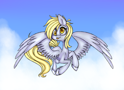 Size: 1024x743 | Tagged: safe, artist:pinipy, character:derpy hooves, species:pegasus, species:pony, cloud, female, flying, mare, solo, tongue out