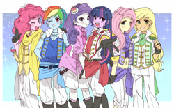 Size: 1000x620 | Tagged: safe, artist:pasikon, character:applejack, character:fluttershy, character:pinkie pie, character:rainbow dash, character:rarity, character:twilight sparkle, my little pony:equestria girls, blushing, clothing, fingerless gloves, gloves, looking at you, mane six, midriff, one eye closed, open mouth, osomatsu-san, smiling
