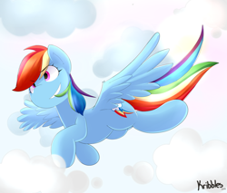 Size: 1280x1088 | Tagged: safe, artist:kribbles, character:rainbow dash, species:pegasus, species:pony, cloud, female, flying, mare, signature, sky, smiling, solo, spread wings, wings