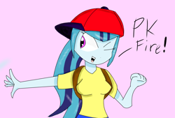 Size: 1678x1133 | Tagged: safe, artist:mildockart, character:sonata dusk, equestria girls:rainbow rocks, g4, my little pony: equestria girls, my little pony:equestria girls, backpack, cap, clothing, crossover, dialogue, earthbound, female, hat, ness, nintendo, solo