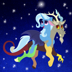 Size: 1280x1280 | Tagged: safe, artist:carouselunique, character:discord, character:trixie, species:pony, species:unicorn, crack shipping, female, flying, mare, night, shipping, trixcord