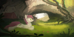 Size: 2600x1300 | Tagged: safe, artist:fuzzyfox11, character:roseluck, camp, chromatic aberration, female, grass, prone, solo, tent, vine