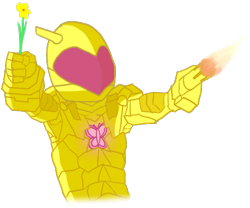 Size: 564x470 | Tagged: safe, artist:totallynotabronyfim, character:fluttershy, species:human, ambiguous gender, armor, badass, elements of harmony, fire, flower, flutterbadass, fully clothed, humanized, implied fluttershy, power armor, powered exoskeleton, solo
