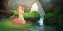 Size: 2600x1300 | Tagged: safe, artist:fuzzyfox11, character:roseluck, canyon, female, river, sitting, solo, stream, water