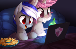 Size: 5100x3300 | Tagged: safe, artist:starshinebeast, oc, oc only, oc:bassy, oc:intrepid charm, species:pegasus, species:pony, species:unicorn, absurd resolution, chips, computer, couch, food, laptop computer, male, mountain dew, nachos, stallion, watching