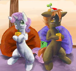 Size: 1428x1327 | Tagged: safe, artist:owlvortex, character:button mash, character:sweetie belle, species:pony, creeper, drinking, female, juice, juice box, male, shipping, straight, sweetiemash