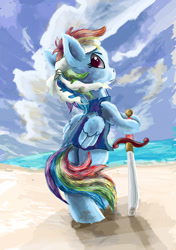Size: 2759x3914 | Tagged: safe, artist:owlvortex, character:rainbow dash, species:pony, beach, bipedal, clothing, female, headband, looking back, pirate, pirate dash, solo, sword, weapon