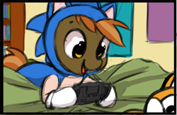 Size: 1075x695 | Tagged: source needed, useless source url, safe, artist:starshinebeast, character:button mash, character:sonic the hedgehog, species:earth pony, species:fox, species:pony, atari lynx, buttonbetes, clothing, colt, cosplay, costume, crossover, cute, foal, gaming, happy, male, miles "tails" prower, onesie, plushie, solo, sonic onesie, sonic the hedgehog (series), tails plushie