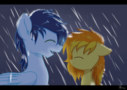 Size: 1024x728 | Tagged: safe, artist:yaaaco, character:soarin', character:spitfire, species:pony, ship:soarinfire, cute, eyes closed, female, male, rain, shipping, straight