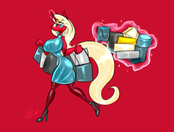 Size: 2893x2194 | Tagged: safe, artist:saliantsunbreeze, oc, oc only, oc:scarlet rose, species:anthro, species:plantigrade anthro, species:pony, species:unicorn, anthro oc, blonde, breasts, clothing, curvy, dress, female, high heels, hourglass figure, magic, shopping, solo, stockings
