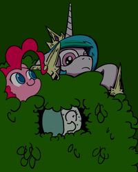 Size: 640x800 | Tagged: safe, artist:ficficponyfic, artist:lovelyneckbeard, artist:valcron, edit, character:pinkie pie, character:princess celestia, oc, oc:emerald jewel, species:pony, bush, color, color edit, colored, colt, colt quest, edited edit, frown, hiding, male, nervous, night, searching, sweat
