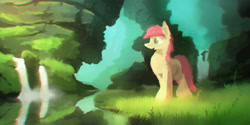 Size: 3000x1499 | Tagged: safe, artist:fuzzyfox11, character:roseluck, female, grass, river, rock, solo, stream, water