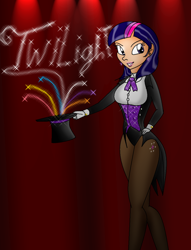 Size: 900x1176 | Tagged: safe, artist:odiz, character:twilight sparkle, species:human, clothing, cutie mark, dc comics, female, fireworks, gloves, hat, humanized, magic trick, magician, pantyhose, solo, tailcoat, top hat, zatanna