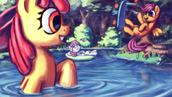 Size: 3840x2160 | Tagged: safe, artist:inowiseei, character:apple bloom, character:scootaloo, character:sweetie belle, species:pegasus, species:pony, cutie mark crusaders, eyes closed, floaty, forest, inner tube, lake, open mouth, scooter, swimming, the cmc's cutie marks, trio, water