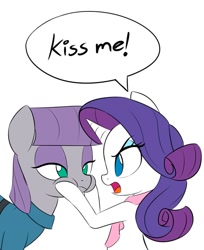 Size: 817x1000 | Tagged: safe, artist:hidden-cat, character:maud pie, character:rarity, species:earth pony, species:pony, species:unicorn, ship:rarimaud, eye contact, female, frown, glare, imminent kissing, implied lesbian, lesbian, looking at each other, mare, open mouth, puffy cheeks, shipping, simple background, squishy cheeks, white background