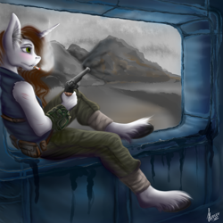 Size: 1920x1920 | Tagged: safe, artist:stirren, character:hondo flanks, oc, oc only, species:anthro, species:pony, species:unguligrade anthro, fallout equestria, cigarette, clothing, female, finished, gun, handgun, hooves, mare, pistol, revolver, scenery, smoking, solo, unshorn fetlocks, wasteland, weapon, ych result