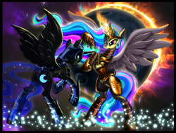 Size: 1500x1131 | Tagged: safe, artist:harwick, character:nightmare moon, character:princess celestia, character:princess luna, armor, eclipse, fight, gritted teeth, magic, rearing, solar eclipse, spread wings, wings