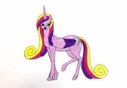 Size: 2309x1595 | Tagged: safe, artist:killerteddybear94, character:princess cadance, female, open mouth, raised leg, simple background, smiling, solo, traditional art