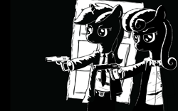 Size: 1920x1200 | Tagged: safe, artist:why485, character:bon bon, character:lyra heartstrings, character:sweetie drops, black and white, grayscale, gun, handgun, monochrome, pistol, pulp fiction, weapon