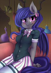 Size: 540x771 | Tagged: safe, artist:atane27, oc, oc only, oc:dusk rhine, species:anthro, species:bat pony, species:pony, bow tie, clothing, couch, cute, female, hair bow, looking at you, mare, nervous, smiling, socks, solo, thigh highs