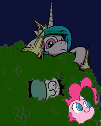 Size: 639x800 | Tagged: safe, artist:ficficponyfic, artist:lovelyneckbeard, artist:valcron, edit, character:pinkie pie, character:princess celestia, oc, oc:emerald jewel, species:pony, bush, color, color edit, colored, colt, colt quest, edited edit, frown, hiding, male, nervous, night, q&a, searching, sweat, wip