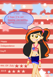 Size: 717x1049 | Tagged: safe, artist:breezemelody, artist:obeliskgirljohanny, base used, oc, oc only, oc:marmalade meringue, my little pony:equestria girls, 4th of july, american independence day, bangles, belly button, bracelet, clothing, ear piercing, earring, humanized, independence day, jewelry, makeup, midriff, nail polish, patriotic, piercing, solo, sports bra