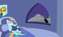 Size: 734x441 | Tagged: safe, artist:totallynotabronyfim, character:rainbow dash, bedroom, book, f-14 tomcat, female, jet, plane, poster, pun, solo, soon, visual gag, window