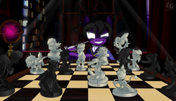 Size: 11000x6286 | Tagged: safe, artist:ponyecho, oc, oc only, oc:eris, oc:puppet, absurd resolution, chess, chessboard, glowing eyes, looking at you, show accurate