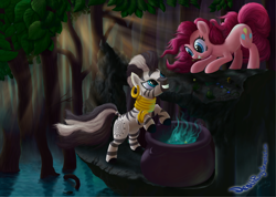 Size: 2000x1423 | Tagged: safe, artist:deathpwny, character:pinkie pie, character:zecora, species:earth pony, species:pony, species:zebra, brew, cauldron, everfree forest, female, forest, lake, mare, smiling, tree, windswept mane