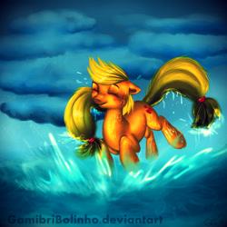 Size: 1000x1000 | Tagged: safe, artist:gamibrii, artist:trojan-pony, character:applejack, cloud, eyes closed, female, running, solo, water, wet