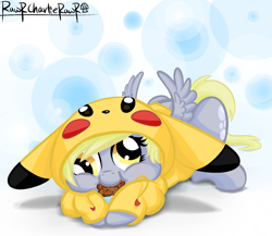 Size: 1080x936 | Tagged: safe, artist:rawrcharlierawr, character:derpy hooves, chubby cheeks, clothing, cosplay, costume, crossover, cute, derpabetes, female, food, hoodie, kigurumi, muffin, nintendo, pikachu, pokémon, solo