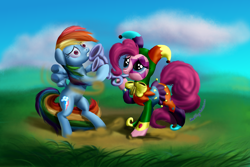 Size: 3000x2000 | Tagged: safe, artist:deathpwny, character:pinkie pie, character:rainbow dash, flugelhorn, jester, jester pie, makeup