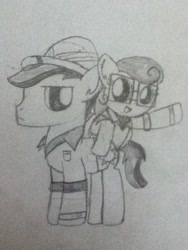Size: 720x960 | Tagged: safe, artist:thefanficfanpony, character:daring do, character:doctor caballeron, character:quibble pants, oc, oc:crescendo hearts, episode:stranger than fanfiction, clothing, cosplay, costume, sketch