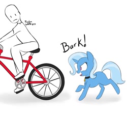 Size: 1280x1147 | Tagged: safe, artist:hidden-cat, character:trixie, oc, oc:anon, species:pony, species:unicorn, barking, behaving like a dog, bicycle, chase, collar, cute, don't trust wheels, female, frown, glare, mare, open mouth, pony pet, raised hoof, running, simple background, wheel, wheels trixie, white background