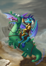 Size: 1414x2000 | Tagged: safe, artist:deathpwny, character:crackle, character:princess ember, species:dragon, armor, derp, dragons riding dragons, fine art parody, majestic as fuck, napoleon bonaparte, napoleon crossing the alps, open mouth, pastiche, rearing, reins, saddle, smiling, spread wings, tack, tongue out, wings