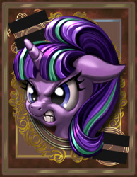 Size: 700x900 | Tagged: safe, artist:harwick, character:starlight glimmer, angry, equal sign, female, floppy ears, glare, gritted teeth, harwick's sun/moon portraits, nose wrinkle, portrait, solo