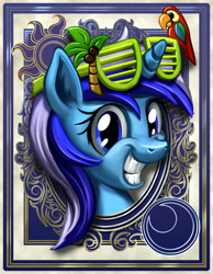 Size: 700x900 | Tagged: safe, artist:harwick, character:minuette, species:parrot, species:pony, species:unicorn, coconut, cute, female, food, grin, harwick's sun/moon portraits, looking at you, mare, palm tree, portrait, shutter shades, smiling, solo, squee