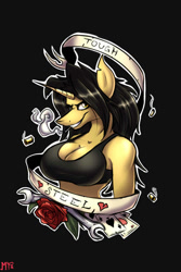 Size: 1000x1500 | Tagged: safe, artist:thedrunkcoyote, oc, oc only, oc:amber steel, species:anthro, species:pony, species:unicorn, black hair, breasts, cigarette, cleavage, female, flower, rose, solo, wrench