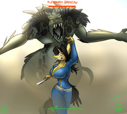 Size: 1280x1152 | Tagged: safe, artist:thedrunkcoyote, oc, oc only, oc:amber steel, species:anthro, species:pony, species:unicorn, big breasts, breasts, cleavage, clothing, deathclaw, fallout, fallout 4, fangs, female, glowing eyes, handgun, jumpsuit, overalls, running, sharp teeth, vault suit