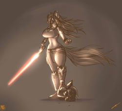 Size: 1280x1164 | Tagged: safe, artist:thedrunkcoyote, oc, oc only, oc:amber steel, species:anthro, species:pony, species:unicorn, big breasts, breasts, crossover, darth vader, female, helmet, huge breasts, lightsaber, monochrome, solo, star wars, weapon