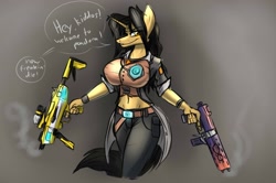 Size: 1933x1281 | Tagged: safe, artist:thedrunkcoyote, oc, oc only, oc:amber steel, species:anthro, species:pony, species:unicorn, big breasts, borderlands, breasts, clothing, female, gun, handsome jack, solo, weapon