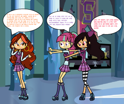 Size: 913x767 | Tagged: safe, artist:obeliskgirljohanny, character:sour sweet, oc, oc:bella vita, oc:cereza, my little pony:equestria girls, angry, clothing, crystal prep academy, crystal prep academy uniform, freckles, holding back, mary sue, piercing, school uniform, sparkles, vampire