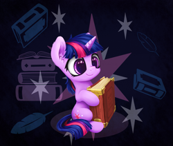 Size: 1615x1367 | Tagged: safe, artist:inowiseei, character:twilight sparkle, book, cute, cutie mark background, cutie mark eyes, ear fluff, feather, female, filly, filly twilight sparkle, quill, sitting, solo, starry eyes, twiabetes, wingding eyes, younger