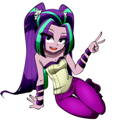 Size: 1100x1100 | Tagged: safe, artist:nekojackun, character:aria blaze, my little pony:equestria girls, bare shoulders, clothing, female, looking at you, open mouth, peace sign, sleeveless, smiling, solo, strapless, thigh gap, tube top