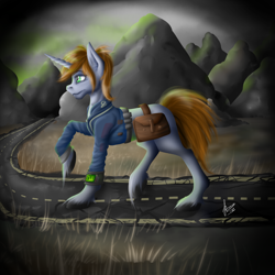 Size: 1920x1920 | Tagged: safe, artist:stirren, oc, oc only, oc:littlepip, species:pony, species:unicorn, fallout equestria, colored hooves, crossover, fallout, fanfic, fanfic art, female, giant littlepip, giant pony, hooves, horn, macro, mare, pipbuck, profile, road, saddle bag, solo, unshorn fetlocks, vault suit, walking, wasteland
