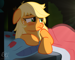 Size: 2000x1600 | Tagged: safe, artist:ponyecho, part of a set, character:applejack, species:earth pony, species:pony, bed, bed hair, blushing, cute, female, floppy ears, freckles, frown, hatless, mare, messy mane, missing accessory, morning ponies, ponyecho is trying to murder us, prone, show accurate, solo, sunrise, tired