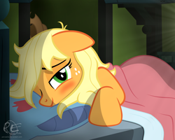 Size: 2000x1600 | Tagged: safe, artist:ponyecho, part of a set, character:applejack, species:pony, bed hair, blushing, cute, female, floppy ears, freckles, hatless, jackabetes, mare, messy mane, missing accessory, morning ponies, one eye closed, ponyecho is trying to murder us, show accurate, smiling, solo, tired