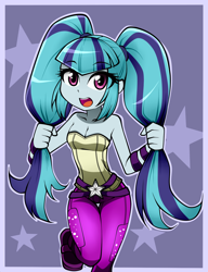 Size: 1000x1300 | Tagged: safe, artist:nekojackun, character:sonata dusk, my little pony:equestria girls, alternate hairstyle, bare shoulders, clothes swap, clothing, cute, female, open mouth, pants, pigtails, raised leg, sleeveless, solo, sonatabetes, strapless, thigh gap, tube top, twintails