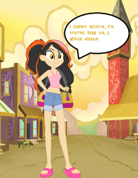 Size: 539x691 | Tagged: safe, artist:obeliskgirljohanny, base used, oc, oc only, oc:marmalade meringue, my little pony:equestria girls, appleloosa, bag, belly button, clothing, dialogue, looking at you, midriff, pixel art, shorts, speech bubble, tank top, text