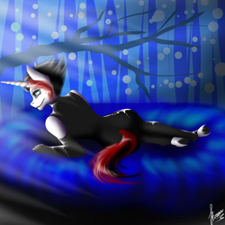 Size: 1920x1920 | Tagged: safe, artist:stirren, oc, oc only, oc:stacy, species:anthro, species:pony, species:unguligrade anthro, species:unicorn, finished, hooves, horn, latex, looking away, lying down, pose, sexy, solo, ych result